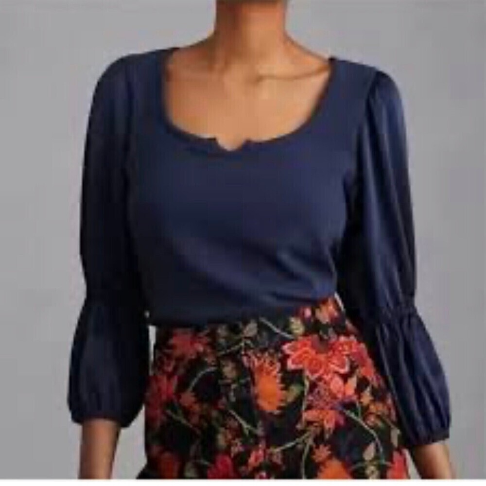 Anthropologie Maeve Ribbed full sleeved top size M satin puff sleeve ribbed top